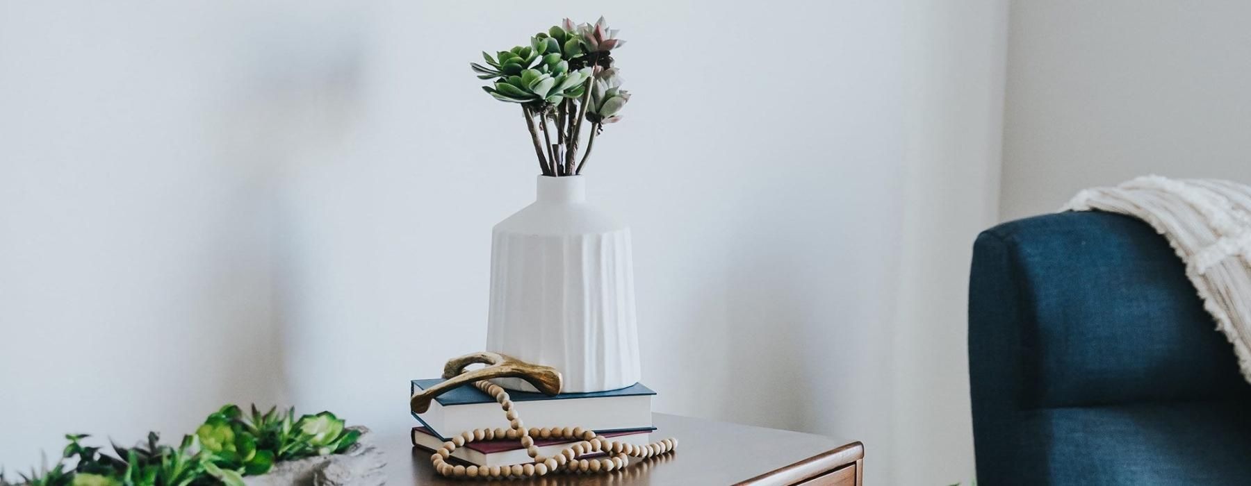 a dresser with a vase of plants on top