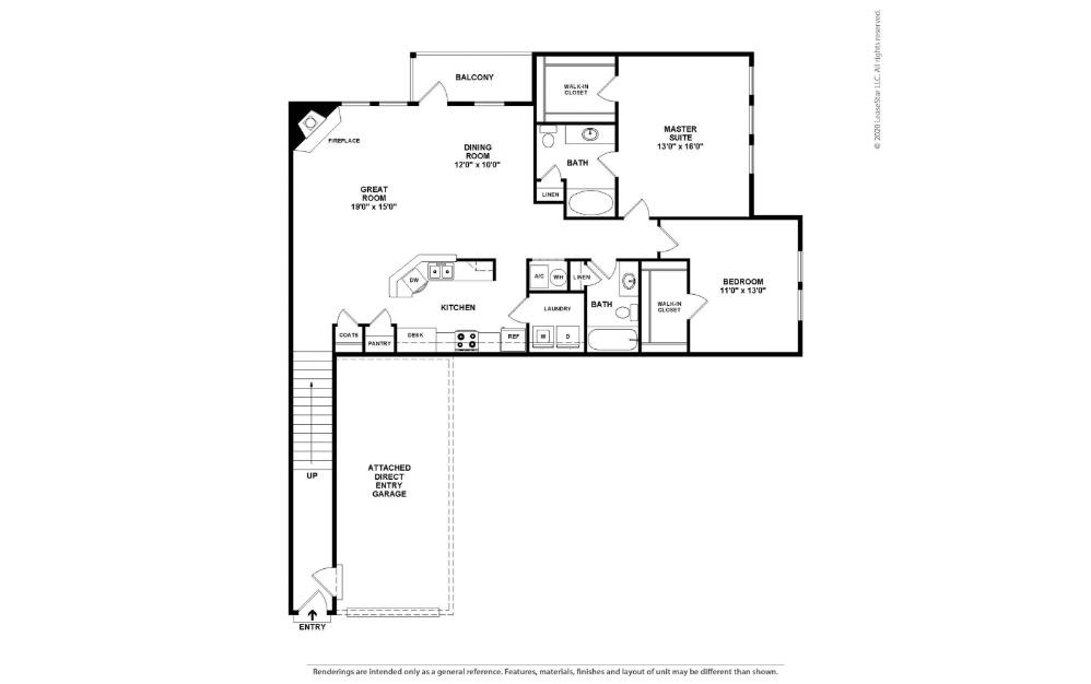 Azalea - 2 bedroom floorplan layout with 2 bathrooms and 1535 square feet