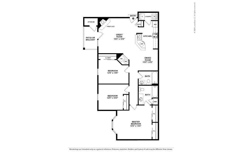 Goldenrod - 3 bedroom floorplan layout with 2 bathrooms and 1291 square feet