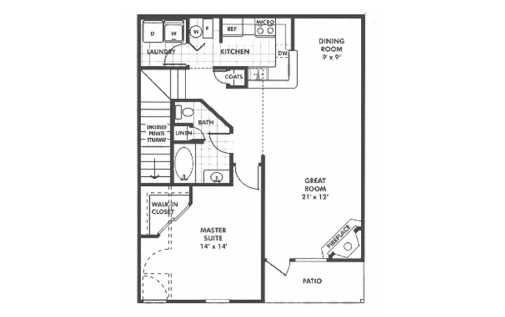 Iris - 1 bedroom floorplan layout with 1 bathroom and 1010 square feet