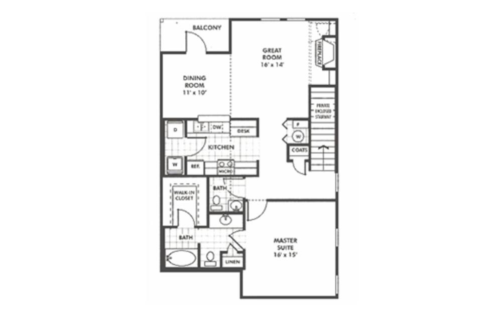 Lily - 1 bedroom floorplan layout with 1 bathroom and 1207 square feet