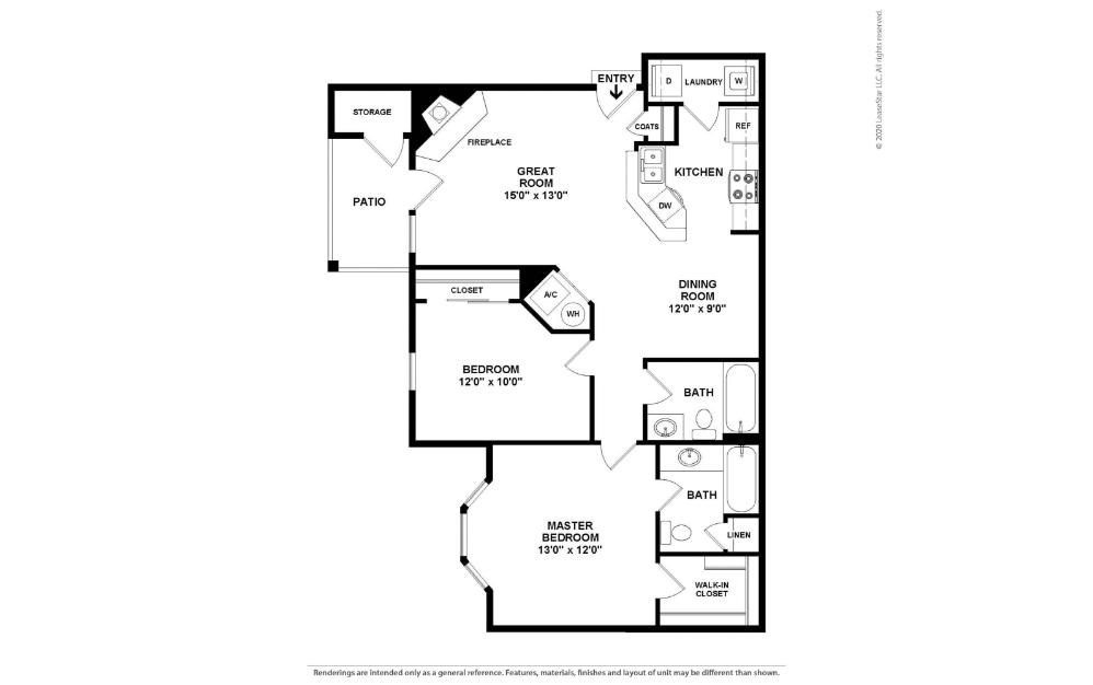 Primrose - 2 bedroom floorplan layout with 2 bathrooms and 1020 square feet